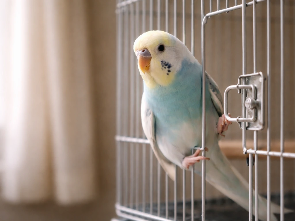 A small pet bird perched next to the cage door latch in an intent-to-exit posture.