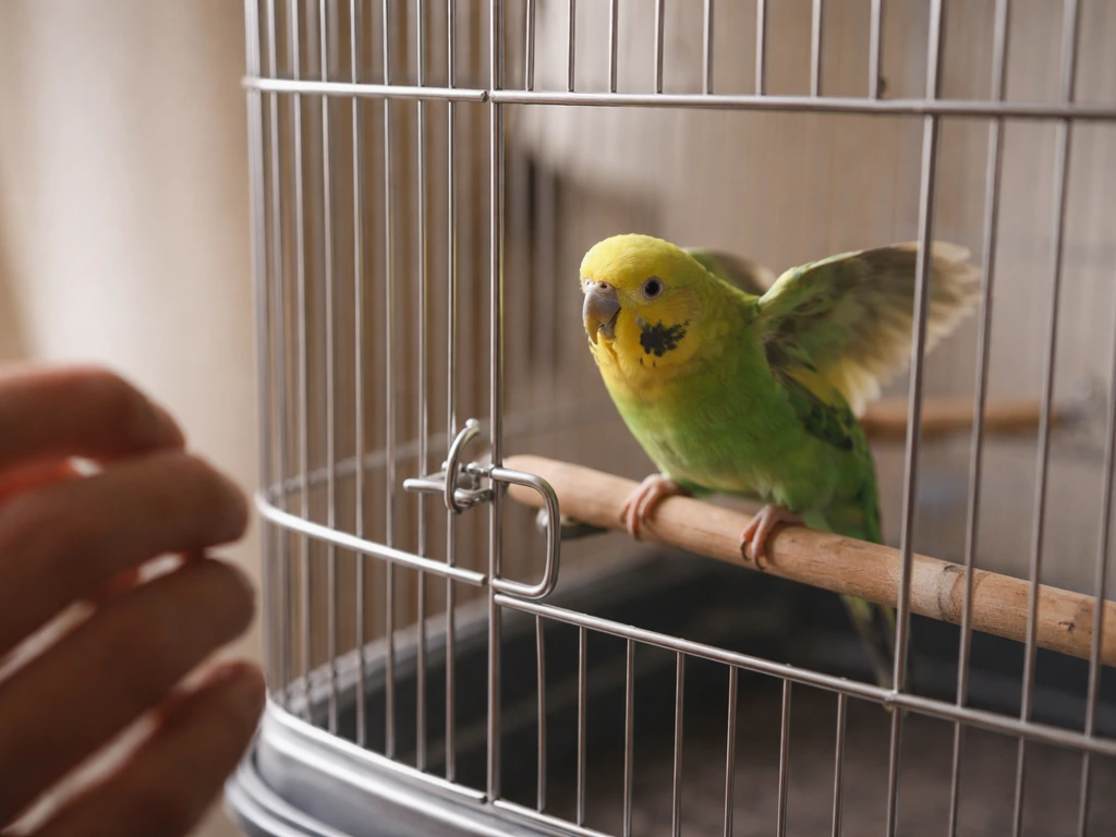 Small pet bird leaning toward the cage door latch as a handler’s hands are nearby.
