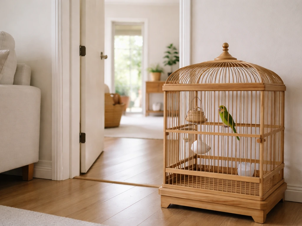 Birdcage near a doorway with clear sightline to the room activity, showing visibility driving escape behavior.