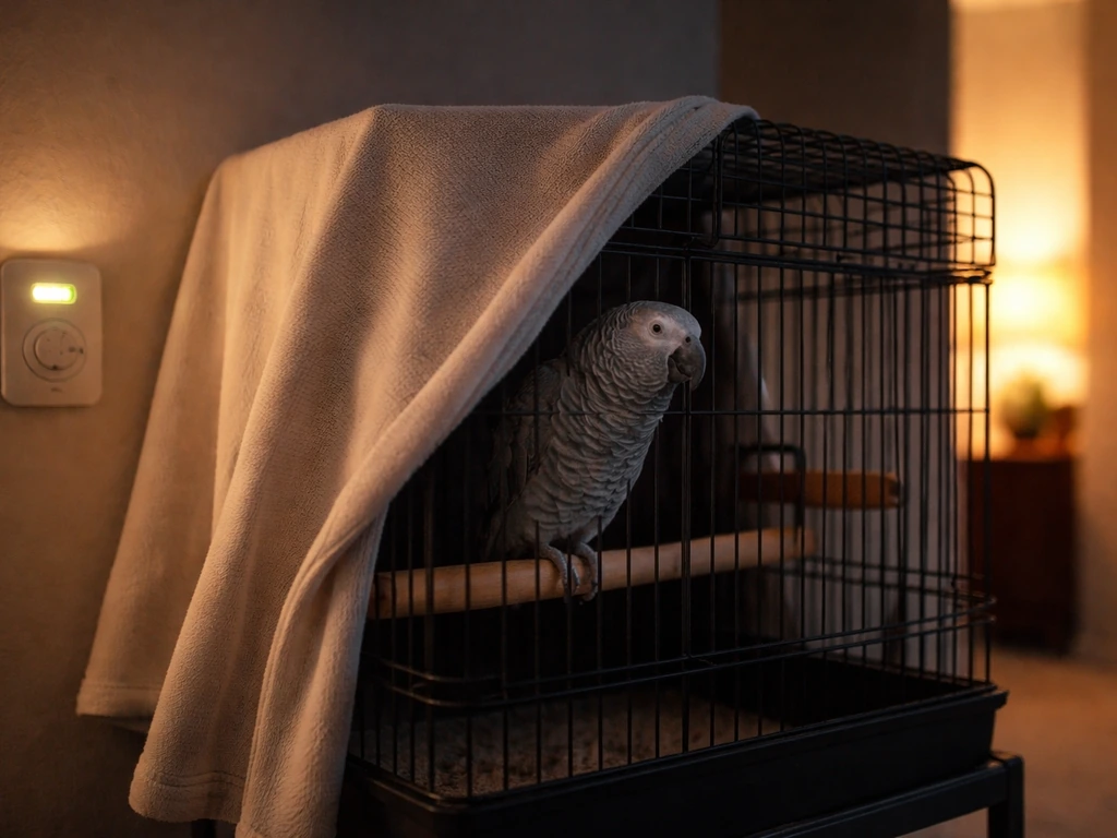 Calm parrot at dusk with a sleep cover over part of its cage and dimmed lighting for proper rest.