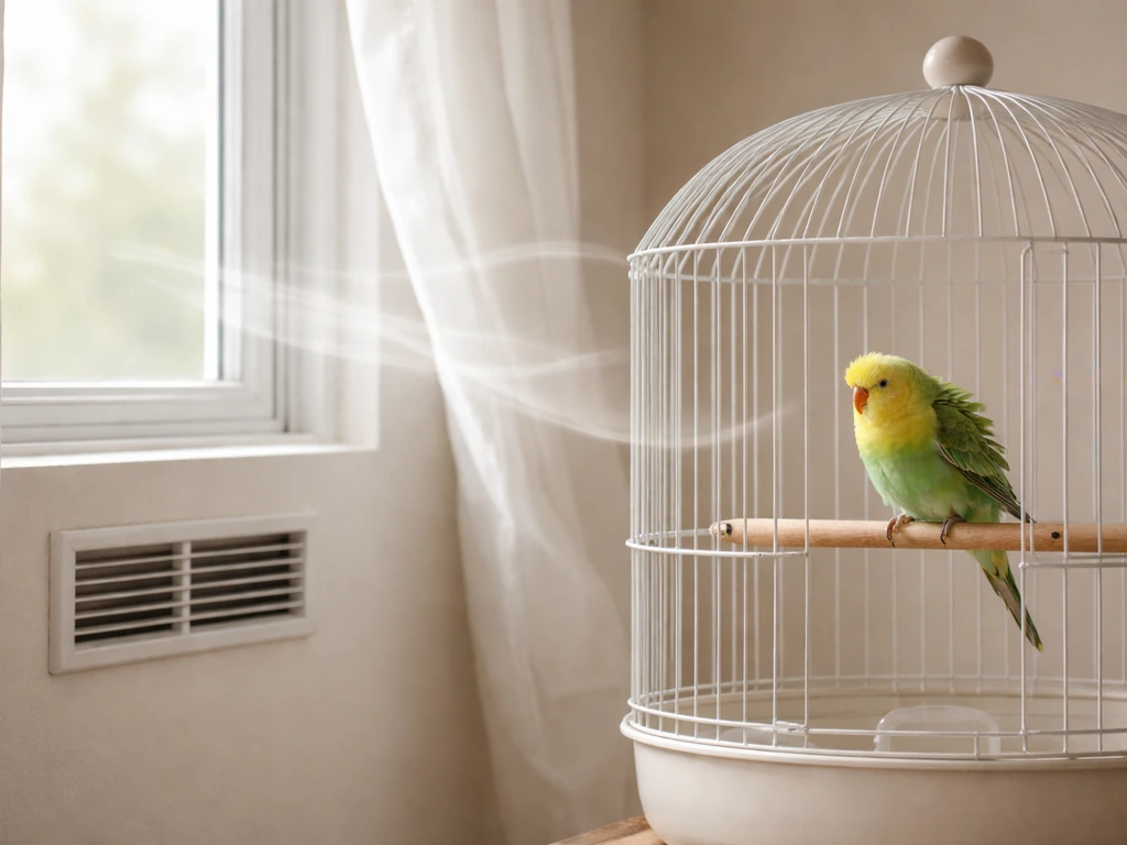 Small pet bird in a cage near an open window/vent showing discomfort from drafts and fumes risk.