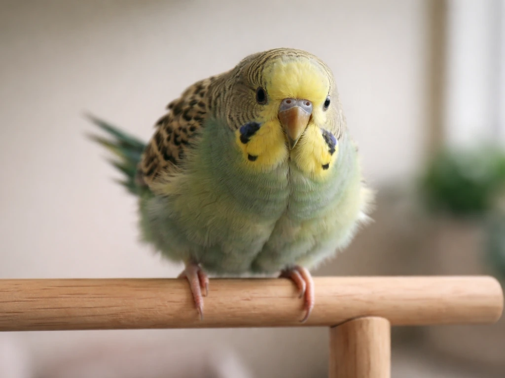 Close-up of a small pet bird perched with tense posture and tail bobbing motion indoors.