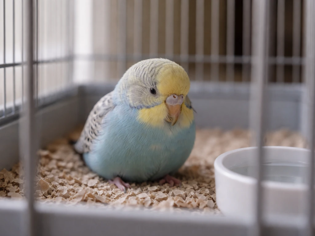 Sleepy pet bird resting on the bottom floor of its cage with bars and bedding visible