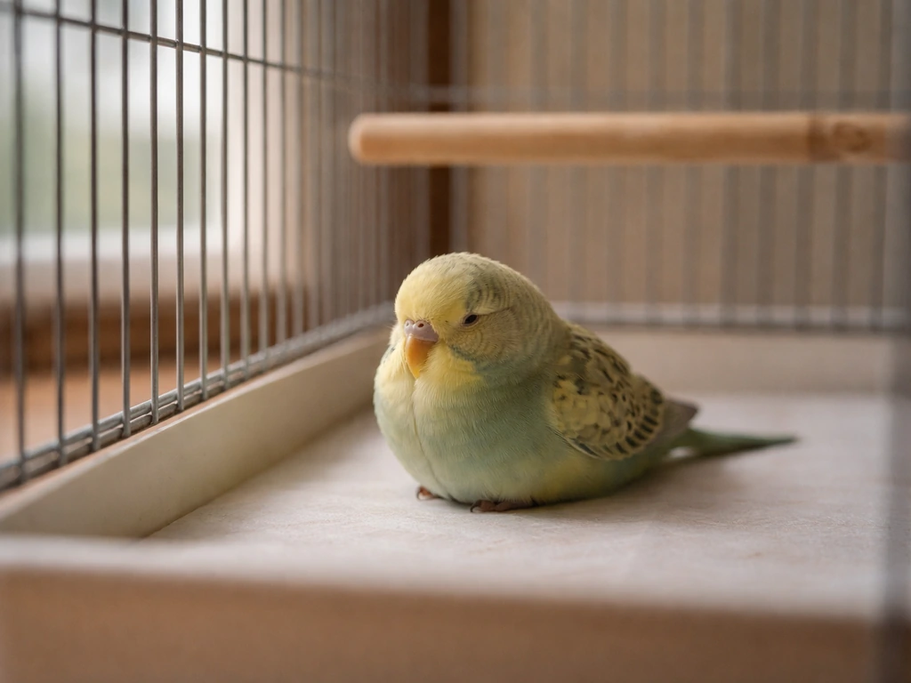 Small pet bird resting on the cage floor inside an open metal cage, minimal indoor background.