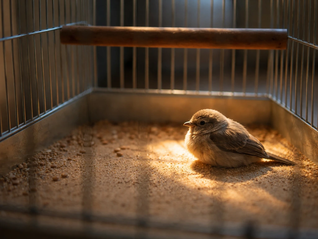 Small bird resting on the cage floor in a warm sunlit spot, with cooler shade near the upper perch.