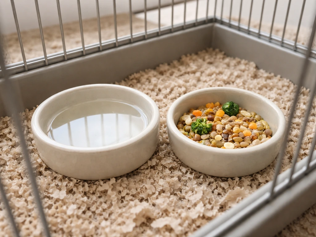 Low floor-level dish of water and bird-safe food inside an empty cage in natural light.