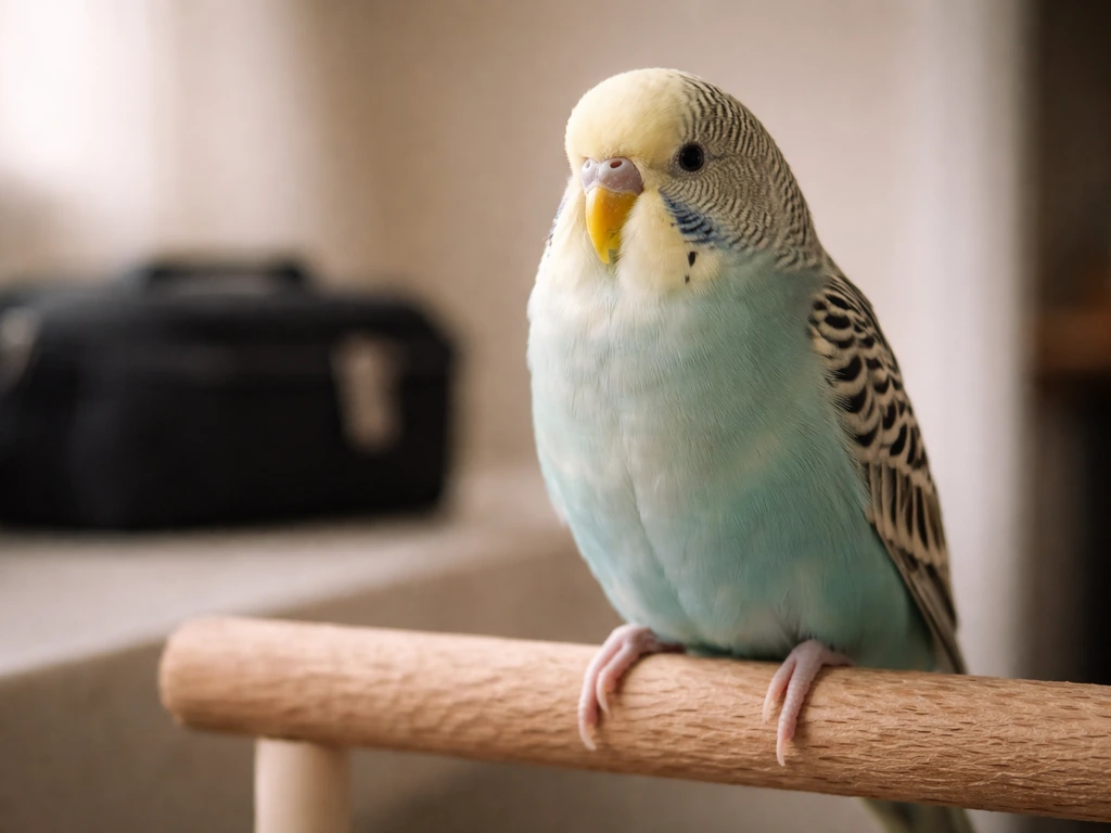 Close-up of a small pet bird with beak closed on a simple perch, calm but alert.