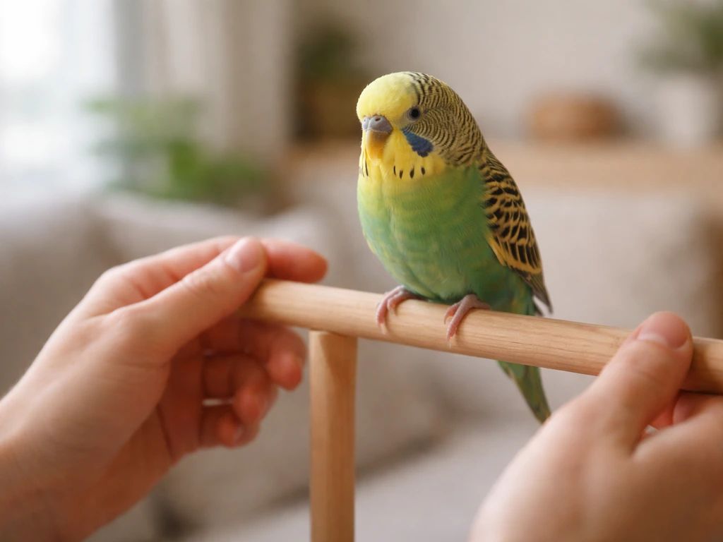 Small pet bird perched as an owner’s hands observe closely, suggesting concern about weight loss.