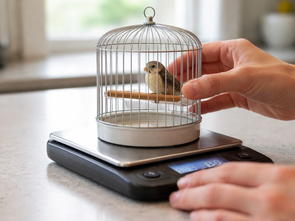 Hands carefully weighing a small caged bird on a digital gram scale to assess weight loss speed.