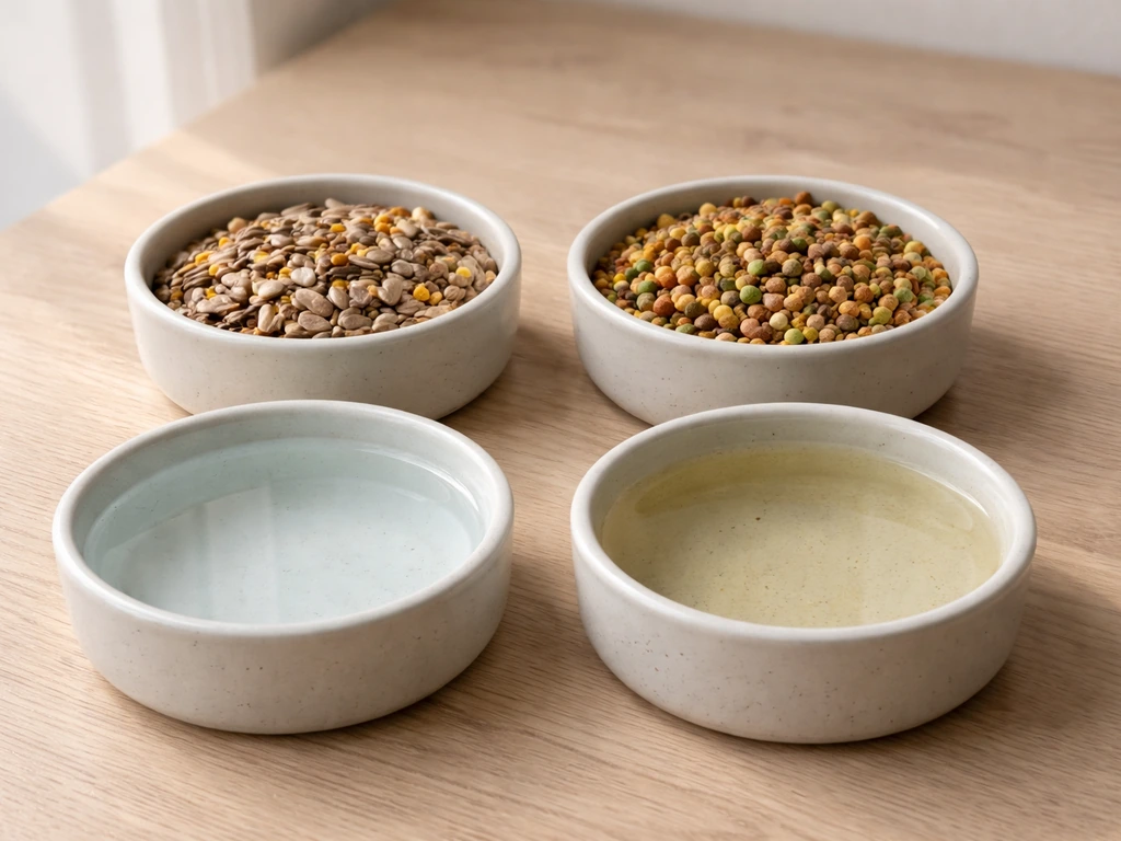 Two bird food bowls (seeds vs pellets) and clean vs cloudy water dishes on a simple tabletop.