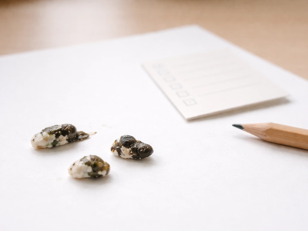Close-up of small bird droppings on white surface with a plain note card nearby