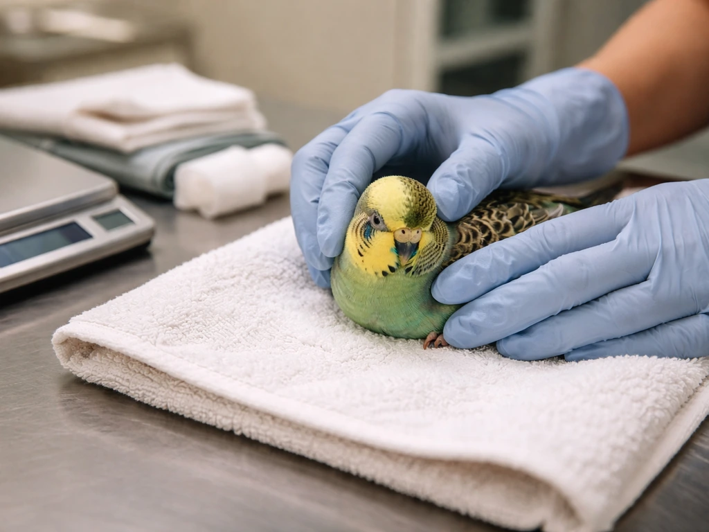 Gloved hands palpating a small pet bird’s keel and abdomen on an exam table near a scale