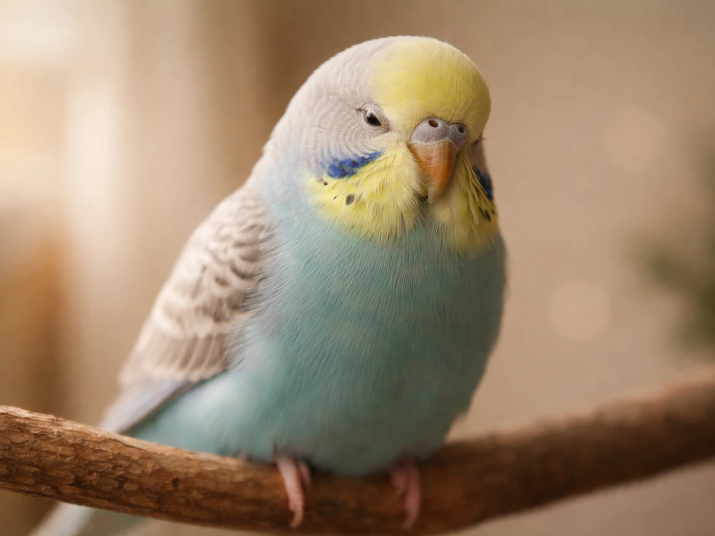 A close-up of a pet bird perched calmly, showing visibly slow blinking with sharp eyes.