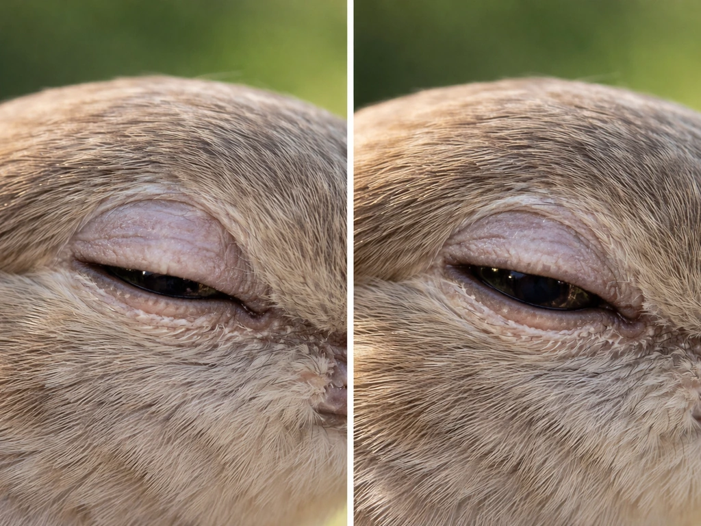 Split close-up of a bird eye showing rapid blink on left and sustained lower-lid blink on right.