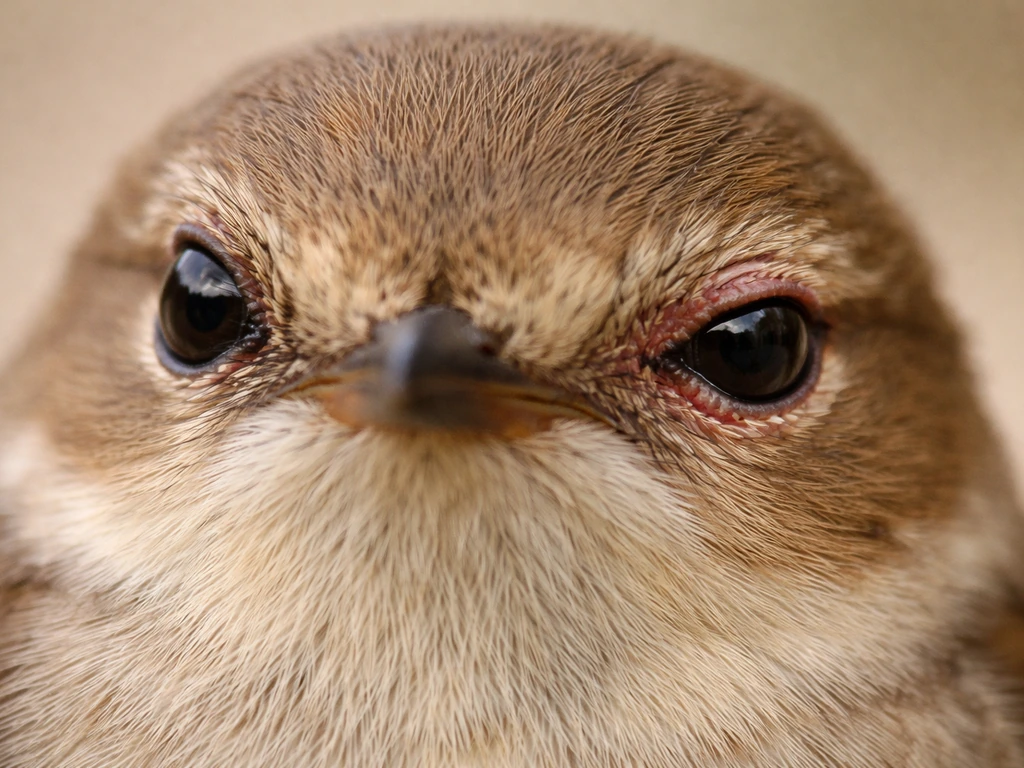 Close-up of a bird’s eye with subtle redness and uneven eyelid appearance, against a soft neutral background.