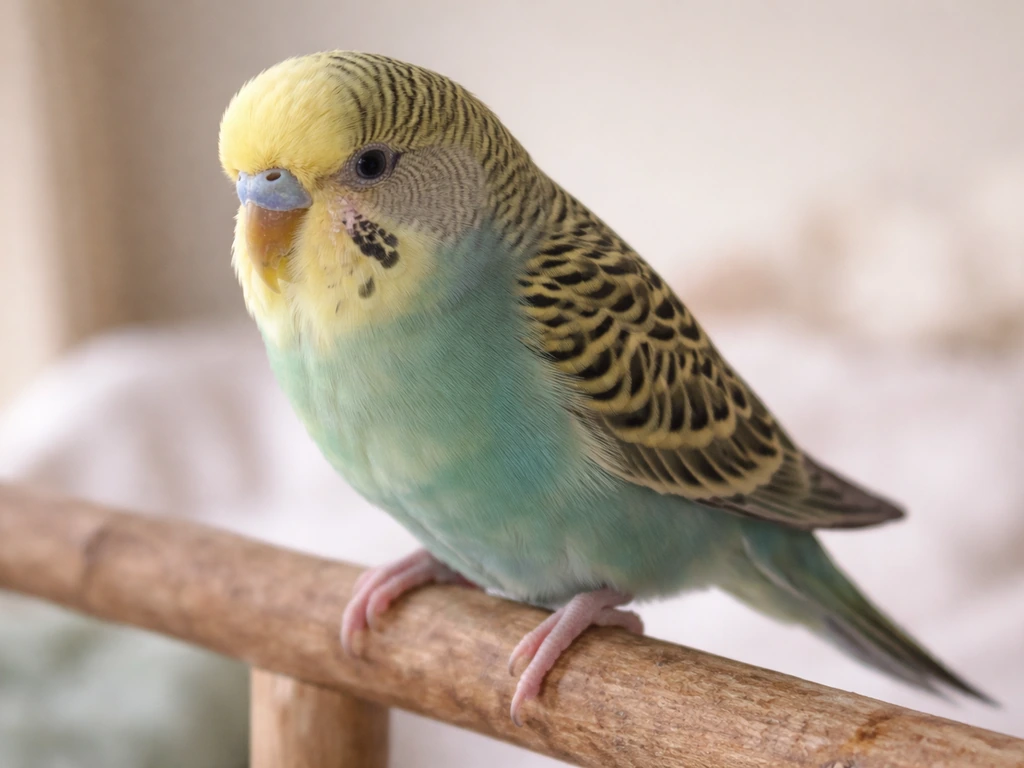 Close-up of a calm pet bird with watery eye irritation, nasal discharge, and slight tail bobbing while breathing.