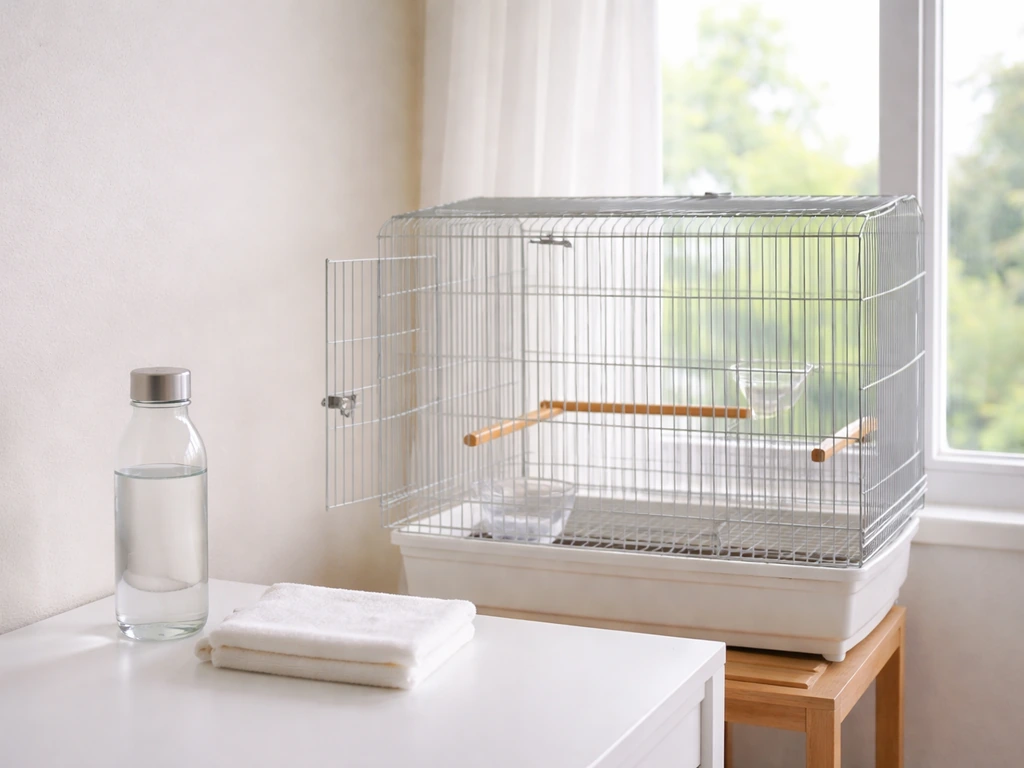 Clean indoor bird room with a spotless cage setup and unscented air care items kept out of view.