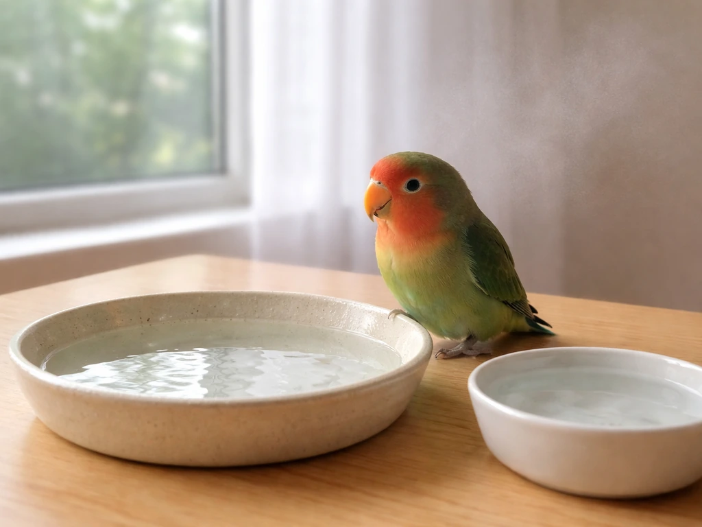 A small pet bird near a fresh water dish and a shallow bath dish with gentle mist by a window.
