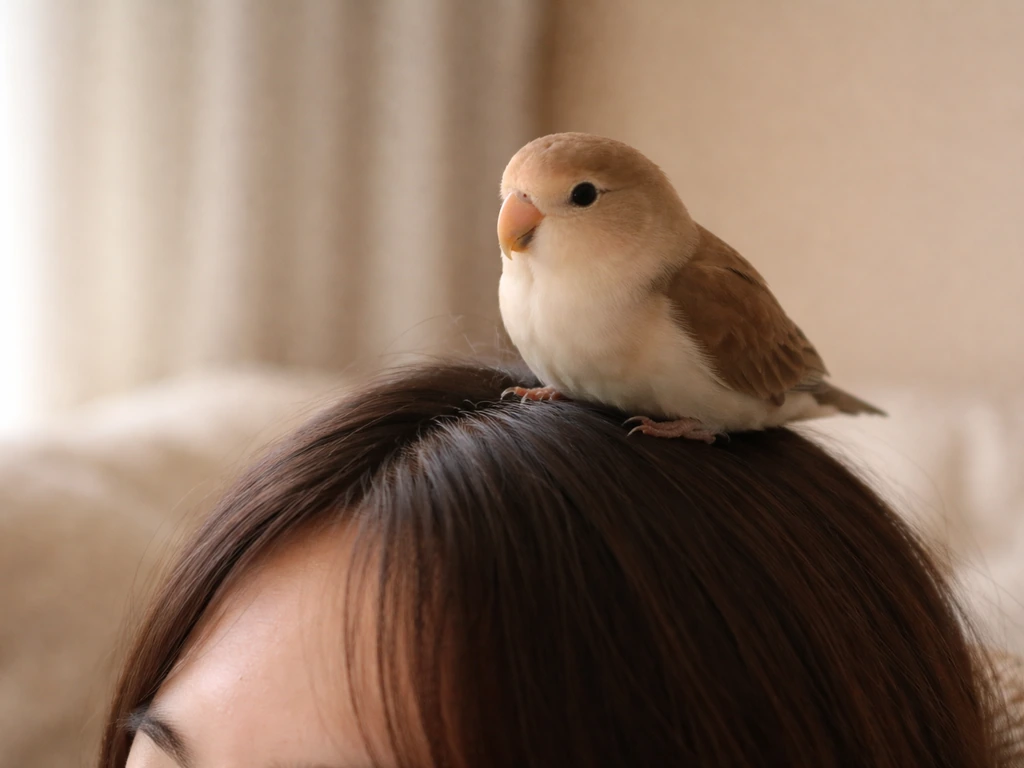 Cozy close-up of a small pet bird nestled near a person’s hairline, perching comfortably