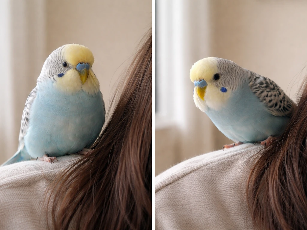 Two small birds in a calm vs tense moment near hair, showing relaxed smooth feathers vs flattened tense posture.