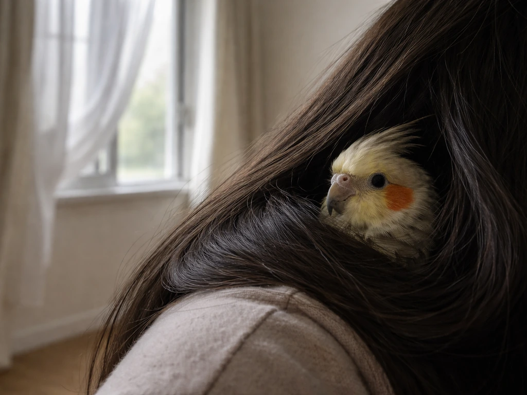 Small pet bird tucked into someone’s hair near a drafty window with curtains fluttering slightly