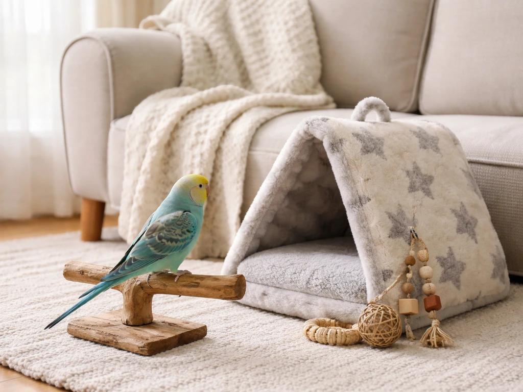 A small parakeet approaches a bird-safe snuggle hut near a cushioned chair with simple chew toys.