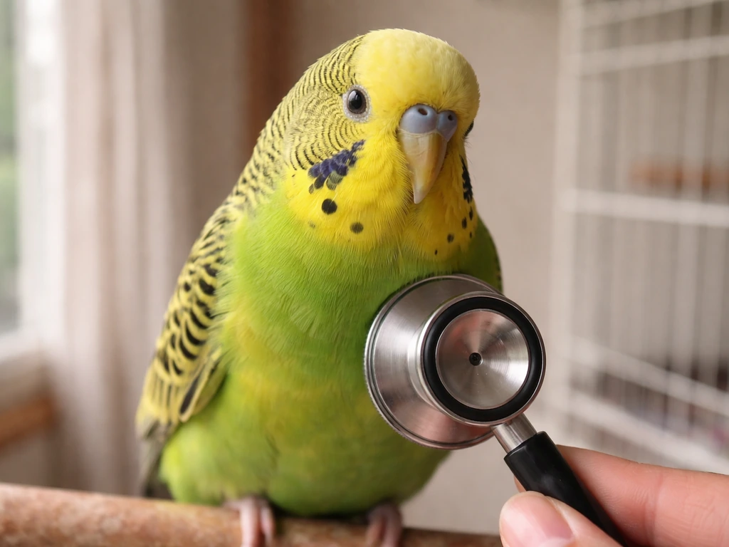 Close-up of a pet bird indoors with a vet-style stethoscope near its chest to suggest a breathing check.