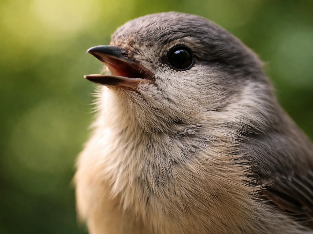 Close-up of a small bird with beak slightly open, showing subtle throat movement as it breathes.