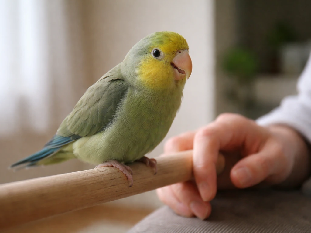 Pet parrot on a perch showing tail bobbing and open-mouth breathing while a caregiver’s hand supports it.