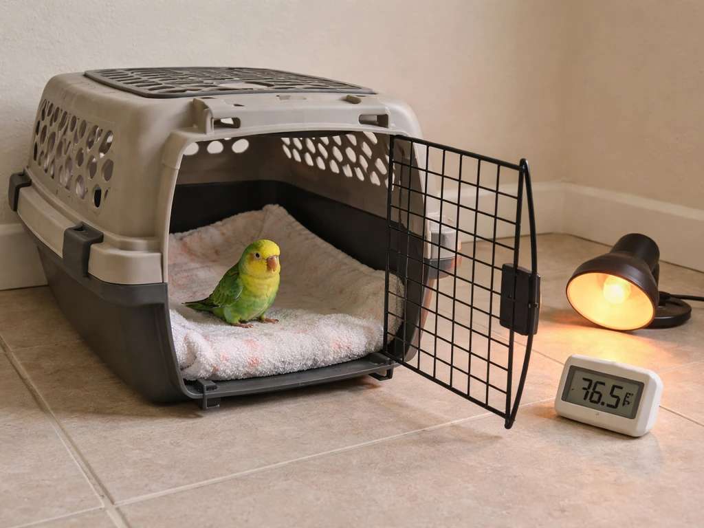 Open avian carrier with towel lining and warming setup prepared for urgent vet transport