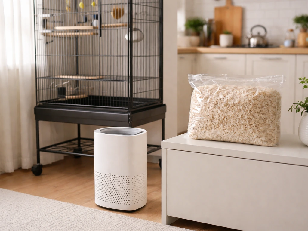 HEPA air purifier beside a calm bird-room setup with clean bedding and safe cookware out of frame.