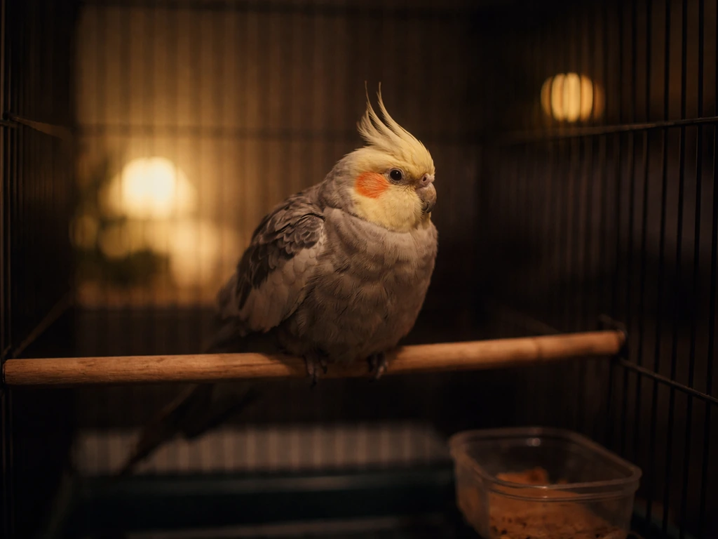 Dimly lit nighttime scene of a calm pet bird perched in its cage, not yet fully settled to sleep.
