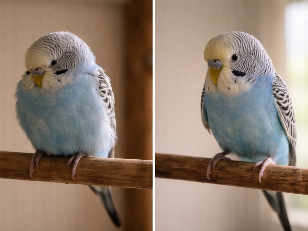 A small parakeet on two perches showing calm sleepy posture versus tense, restless posture.