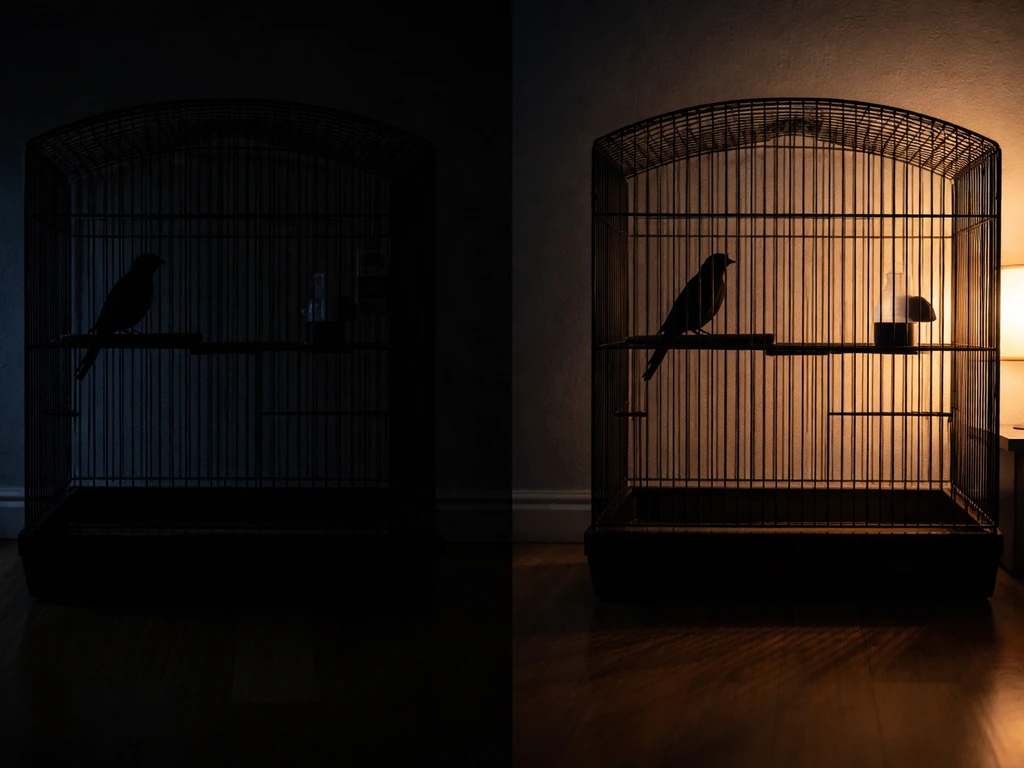 Side-by-side bird cages at night: one in near-darkness, one lit by lamp/TV/nightlight glow.