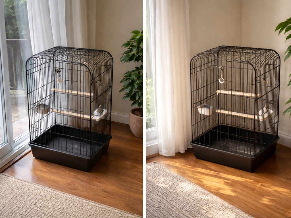 Two cages in the same room: one near drafts, one in a stable corner away from door and AC airflow.