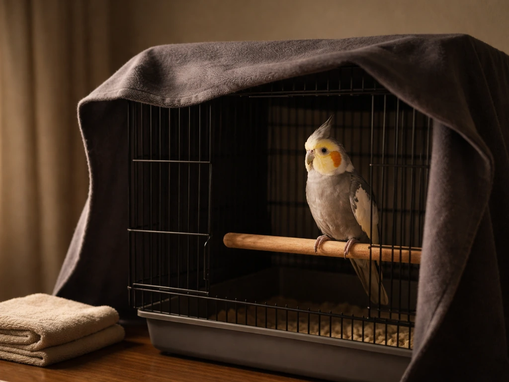 Small pet bird perched in a dimmed, quiet room setup at bedtime