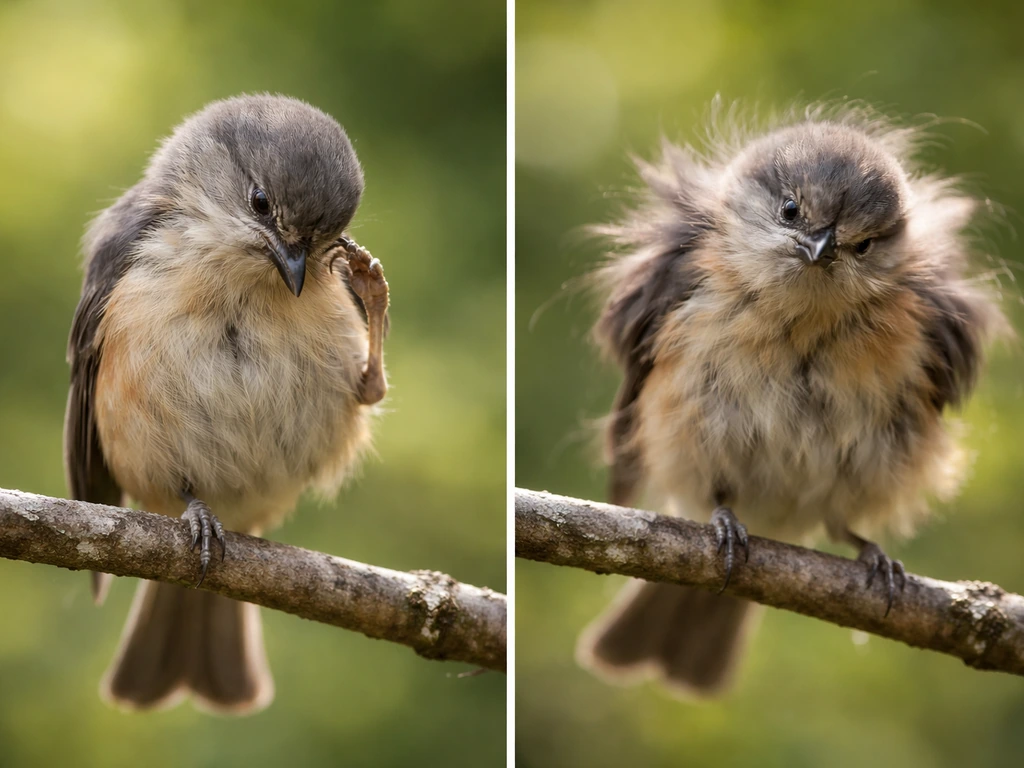 Small bird preening—scratching and ruffling feathers with an obvious vigorous shake after a pause