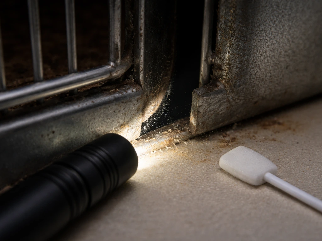 Close-up of a cage crevice inspected with a flashlight and a clean swab on a simple surface.