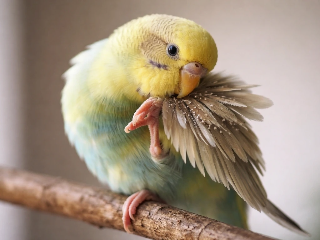 Close-up of a small bird lightly scratching near its wing while new pin feathers emerge.