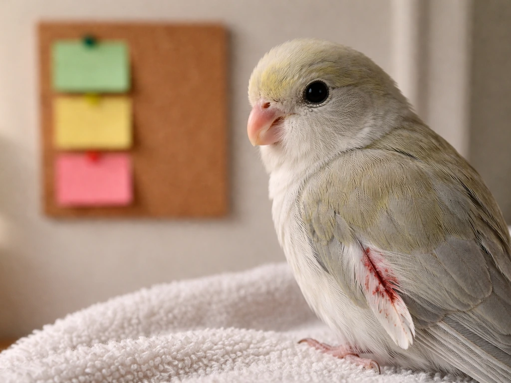 Close-up of a small bird’s feather with visible redness, next to a simple vet-visit reminder board
