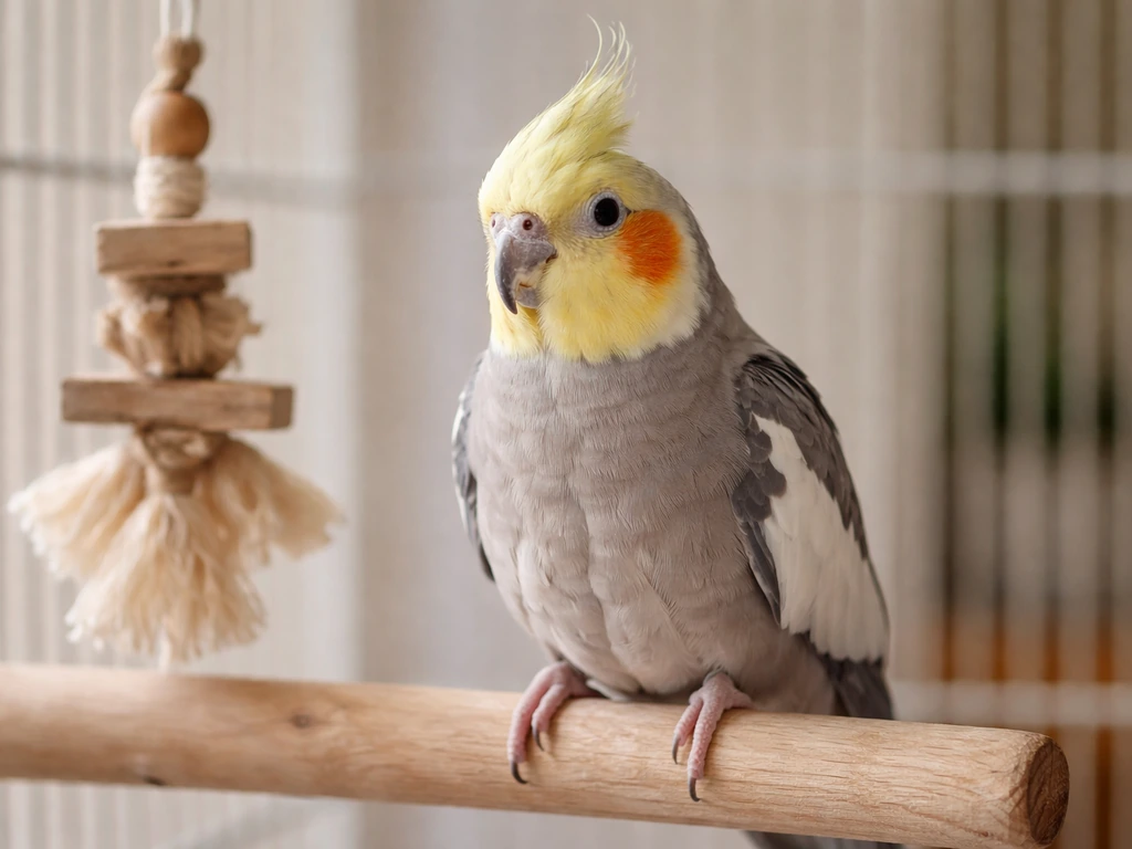 Close-up of a cockatiel perched beside one colorful bird toy, calm curious look in soft natural light.