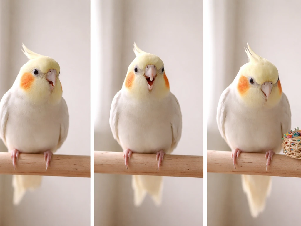 Three simple frames of a small bird rocking, vocalizing, and fixating on a toy.