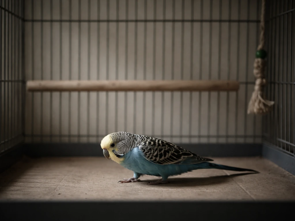 A small bird paces in a sparse cage with limited toys and only one simple perch.