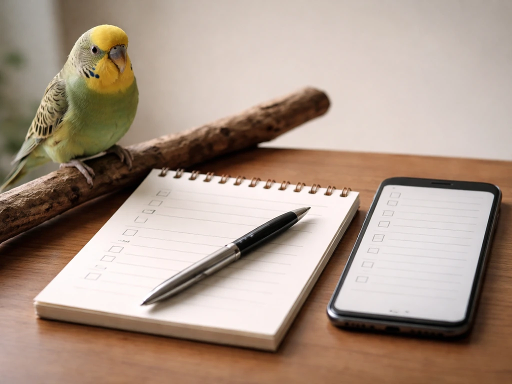 Bird perched beside an open notepad and phone showing a simple observation prompt for a 2–3 day log.