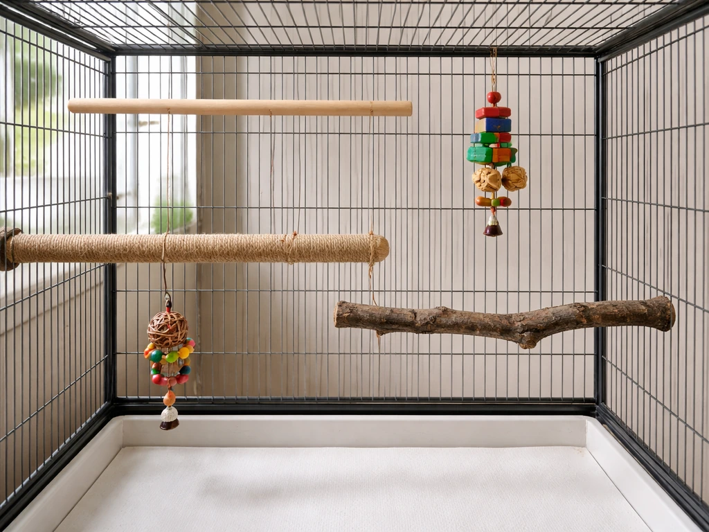 Spacious birdcage interior with varied perch diameters and two enrichment toys placed at different heights