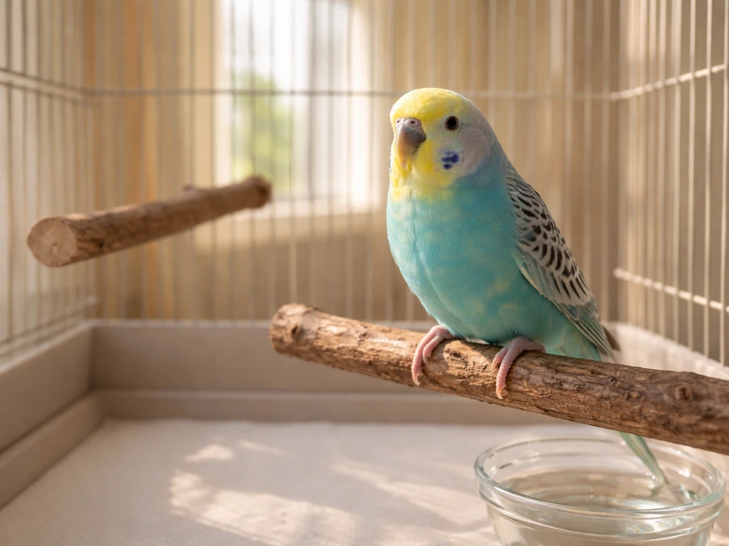 Cozy pet parrot perched in a clean, bright cage with fresh bedding and healthy posture.
