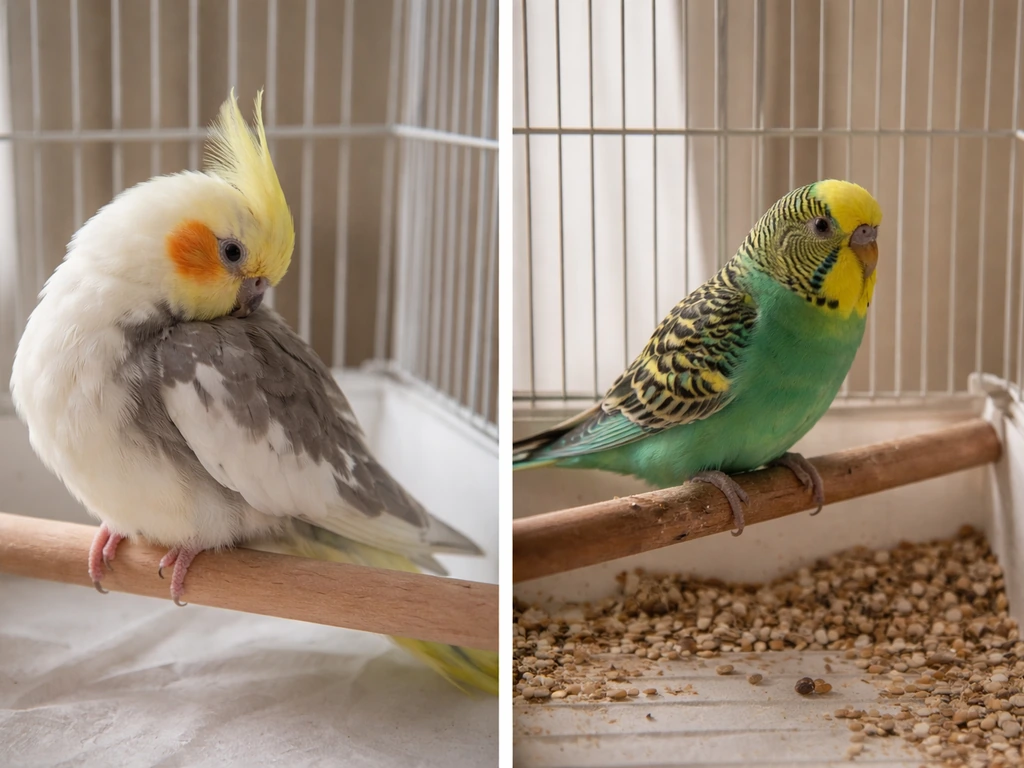 Two pet birds side by side: one preening clean feathers, the other near a slightly soiled perch area.