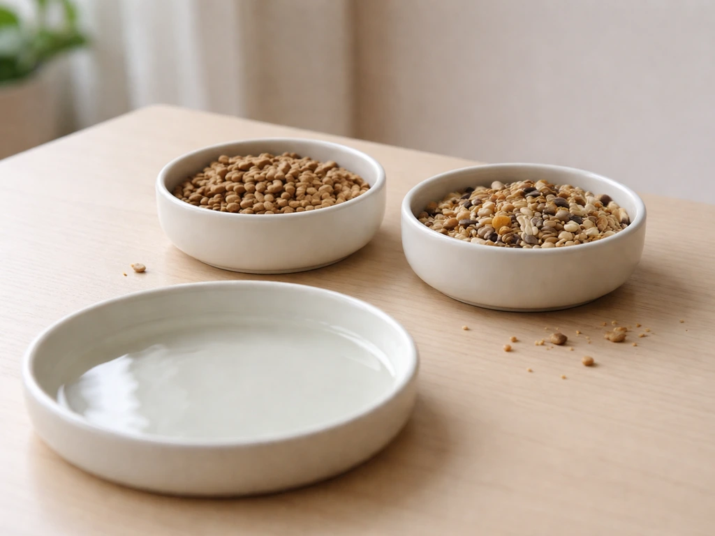 Two feeding bowls (pellets and seeds) next to a shallow bath dish, suggesting diet and grooming scent factors.