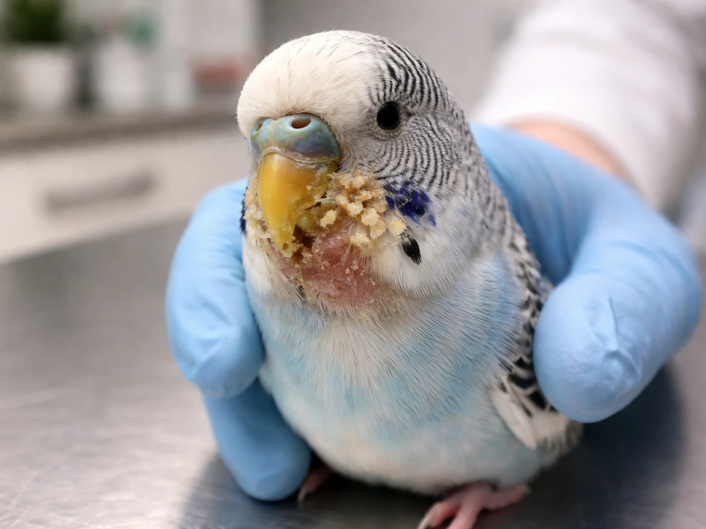 Close-up of a small bird’s crusty beak area beside a vet exam setup in a clean clinic