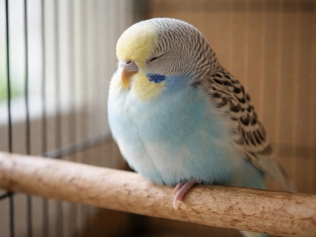 Budgerigar sleeping on a wooden perch with feathers fluffed and subtle breathing visible.